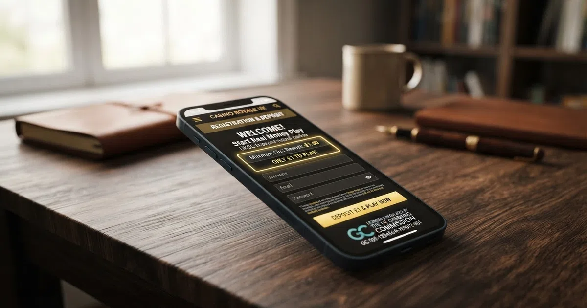 A smartphone screen showing a UK online casino registration page with a highlighted £1 minimum deposit field and a UKGC licence badge