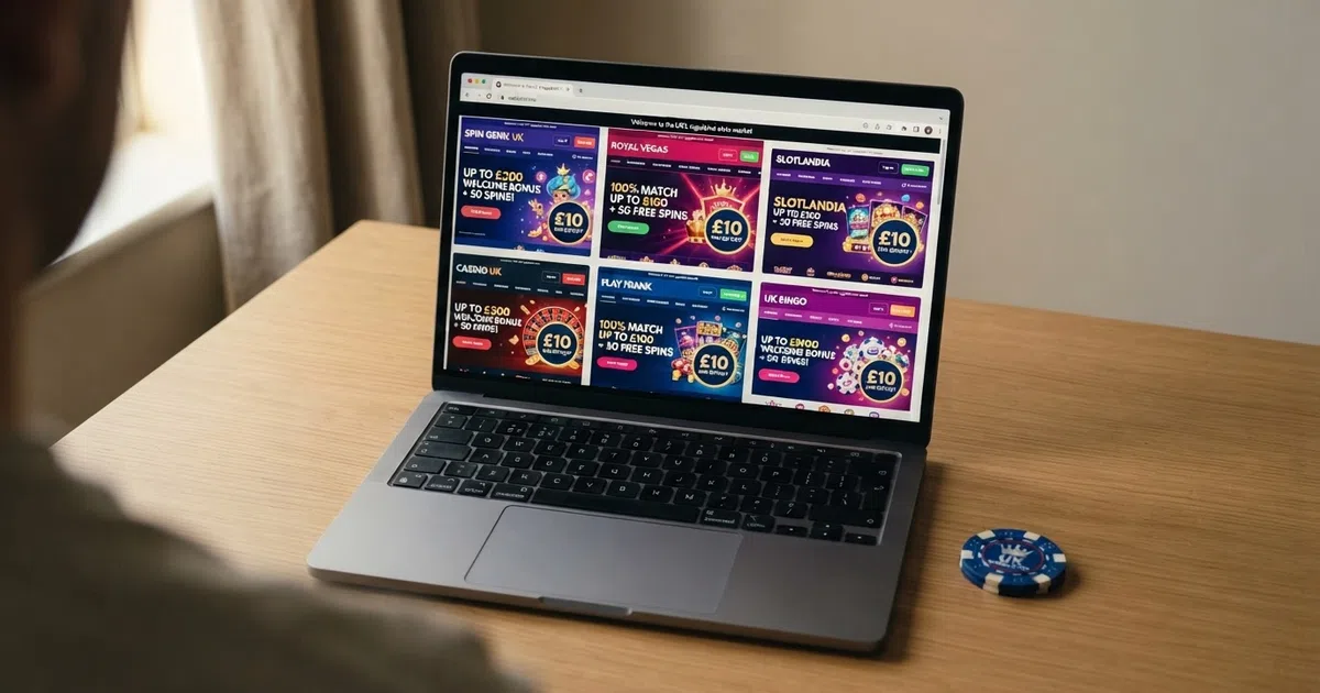A desktop screen showing a grid of UK online casino homepages with welcome-bonus banners and £10 minimum deposit badges visible