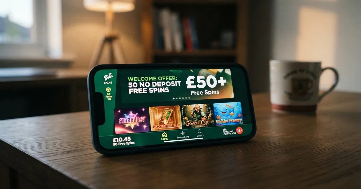 A smartphone screen displaying a UK-licensed online casino lobby with a free-spins promotional banner and a slot-game thumbnail grid
