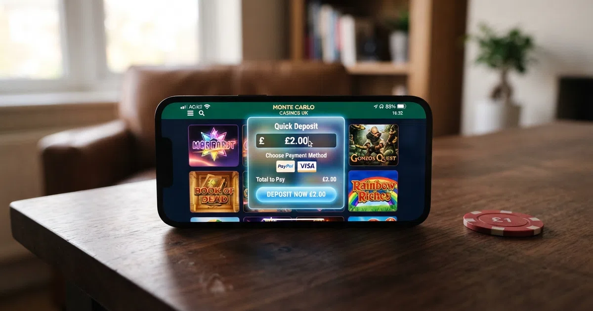 A smartphone screen displaying a UK online casino game lobby with a deposit panel open, a £2 amount entered in the deposit field and a selection of slot titles visible behind it