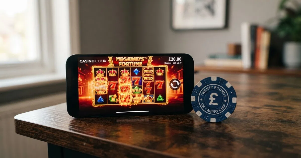 A smartphone showing an online slot game beside a highlighted £20 deposit amount