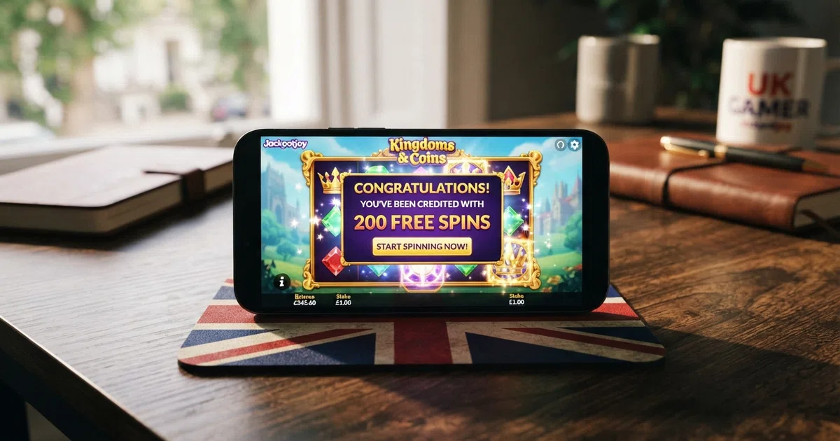 A smartphone screen displaying a UK-licensed online casino slot game with a free-spins-credited notification visible, set on a subtle Union Jack-toned background