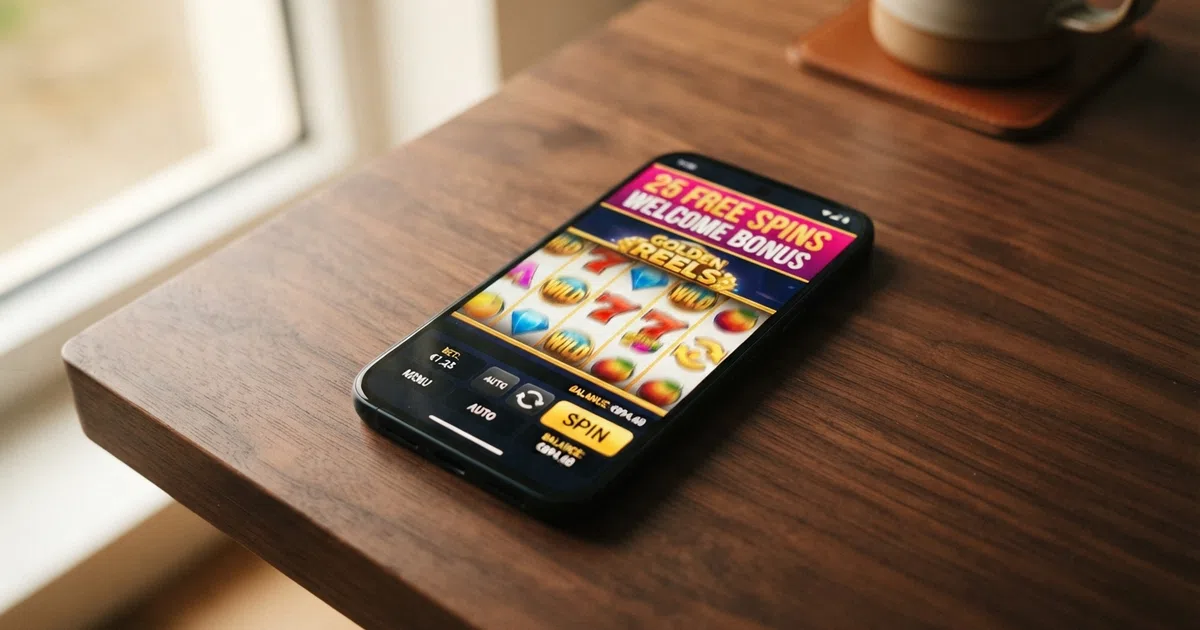 A smartphone showing an online slot game with a “25 free spins” welcome banner beside a UK casino logo