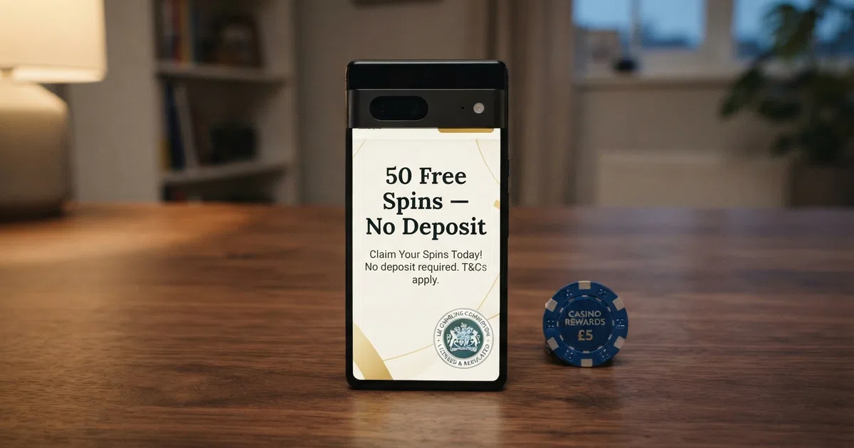 A smartphone screen showing a UK online casino free-spins promotion page beside a Gambling Commission licence badge, with a search bar visible at the top