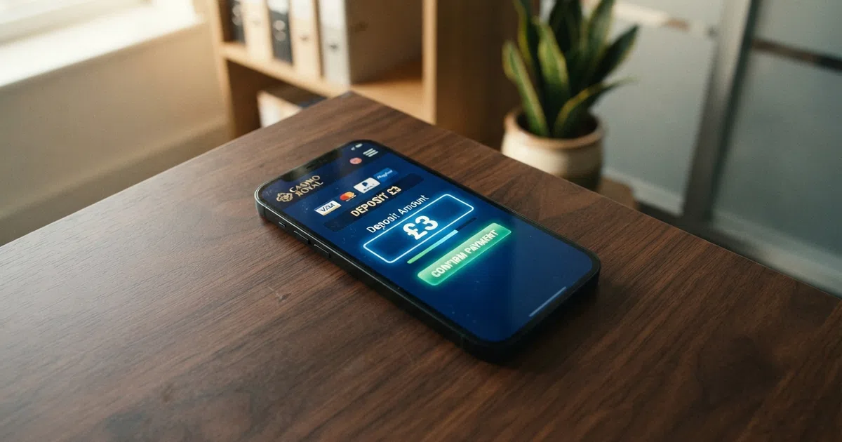 A mobile phone showing a casino deposit screen with the amount £3 entered