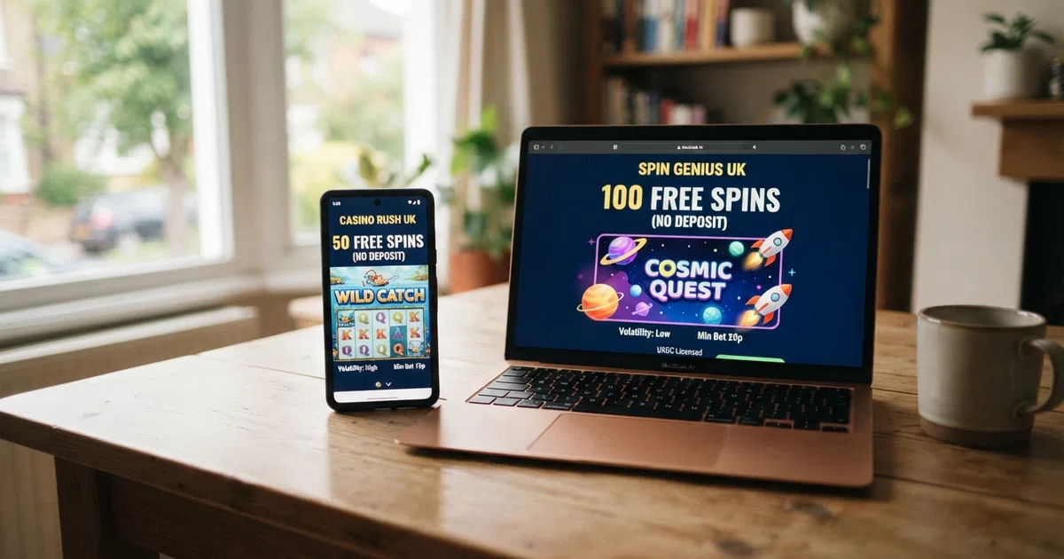 A smartphone and laptop screen side by side displaying UK online casino free spins promotional banners with Big Bass Splash and Starburst artwork