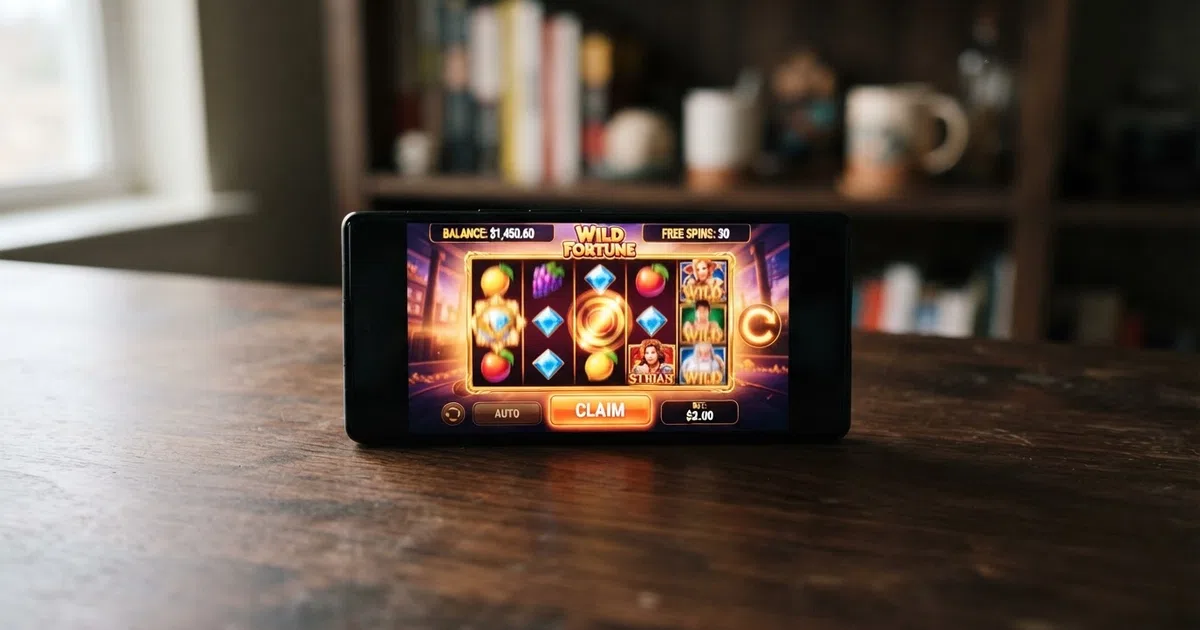 A smartphone showing a casino slot game with a free-spins counter and a claim button on screen.