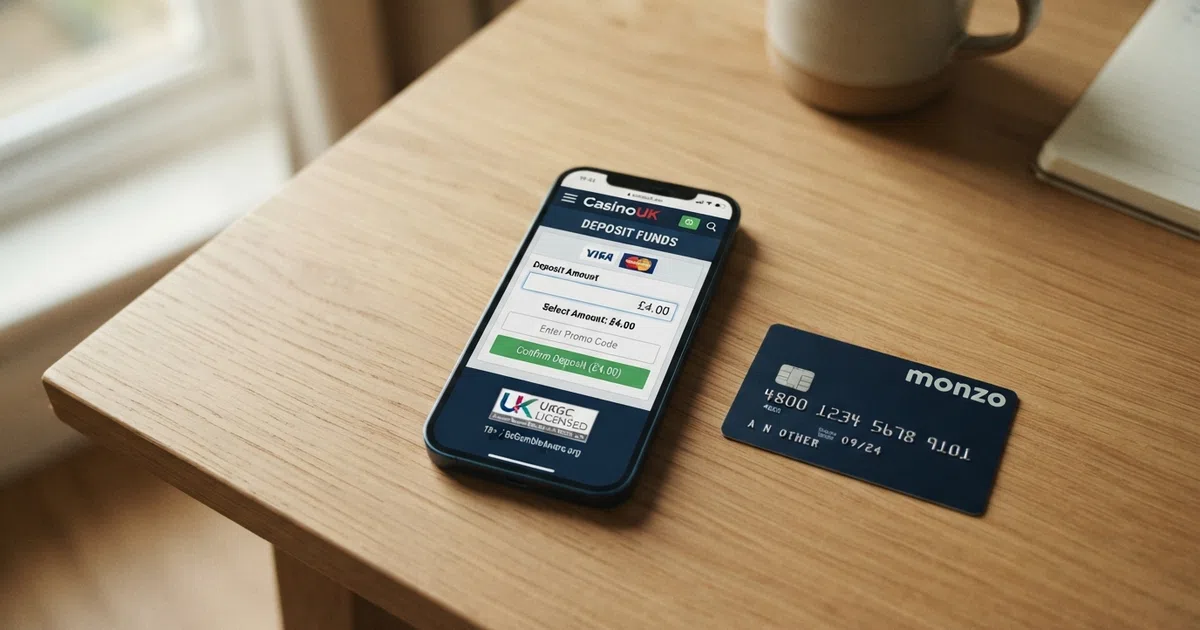 A close-up of a smartphone screen displaying a UK online casino deposit page with the amount £4.00 highlighted in the deposit-amount field, a UKGC licence badge visible on the footer, and a debit card beside the phone on a clean desk