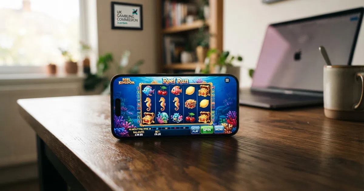 A grid of three UK online casino homepages displayed on a desktop screen and a mobile phone side by side, each showing a free-spin promotion banner with the Gambling Commission logo visible in the footer