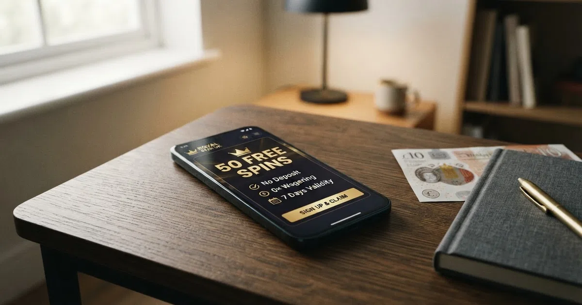 A smartphone screen showing a UK online casino's 50 free spins no deposit welcome offer, with the bonus terms — spin count, wagering and validity — displayed clearly beneath the claim button