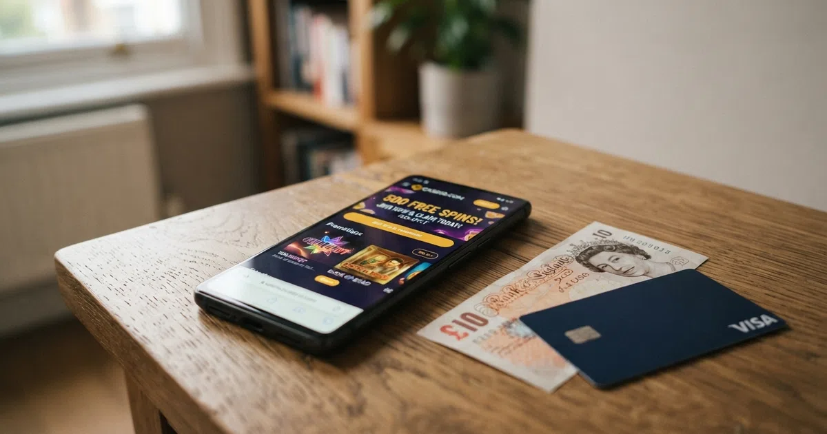 A smartphone screen showing a UK online casino promotions page with a “500 Free Spins” banner, beside a British £10 note and a debit card on a desk