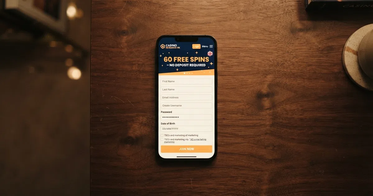 A smartphone screen showing a UK online casino registration page with a "60 Free Spins – No Deposit Required" promotional banner, the UKGC licence number visible in the footer