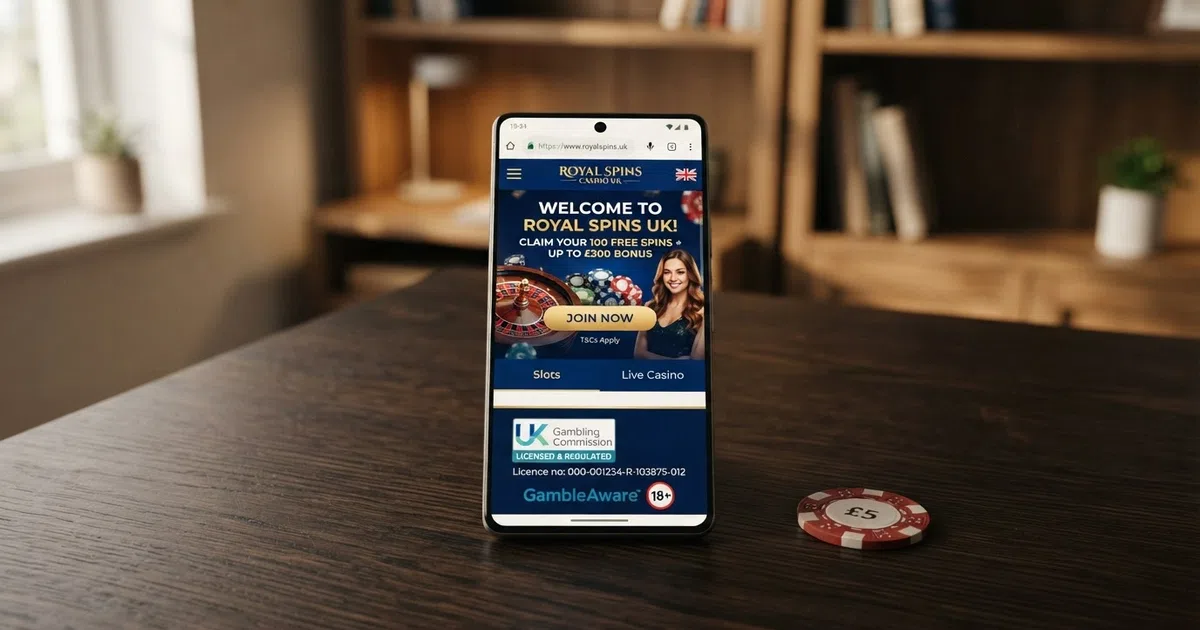 A UK online casino promotional landing page showing a free-spins welcome-offer banner, a secure-connection padlock icon in the browser address bar, and a UK Gambling Commission licence badge visible in the page footer alongside the operator's licence number.