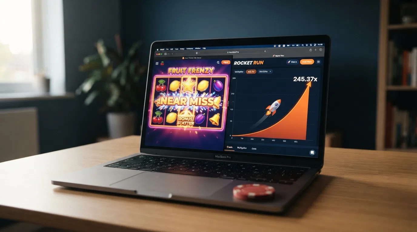 A split-screen view of a colourful online slot game on one side and a provably fair crash-game multiplier graph on the other, with ADA branding visible