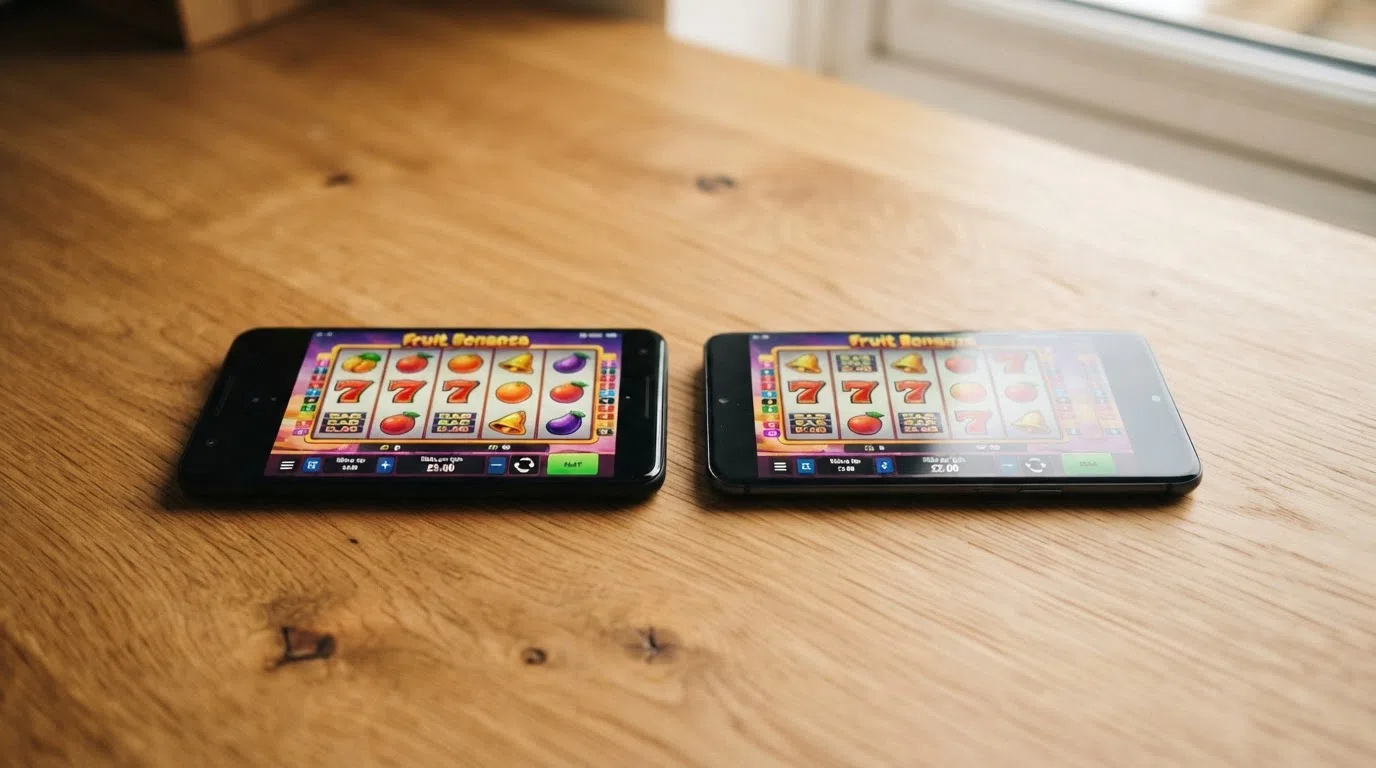Two Android phones side by side, one showing a £5 per-spin limit and the other a £2 limit