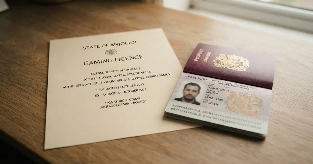 An Anjouan gaming licence certificate displayed beside a UK passport on a desk