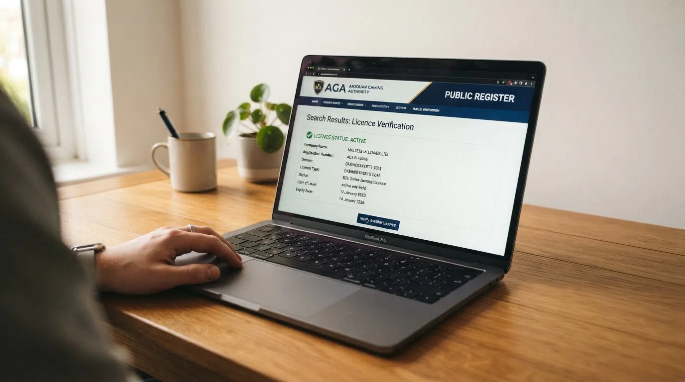 The Anjouan Gaming Authority public register search page on a laptop screen, showing a completed licence lookup with status and expiry fields visible