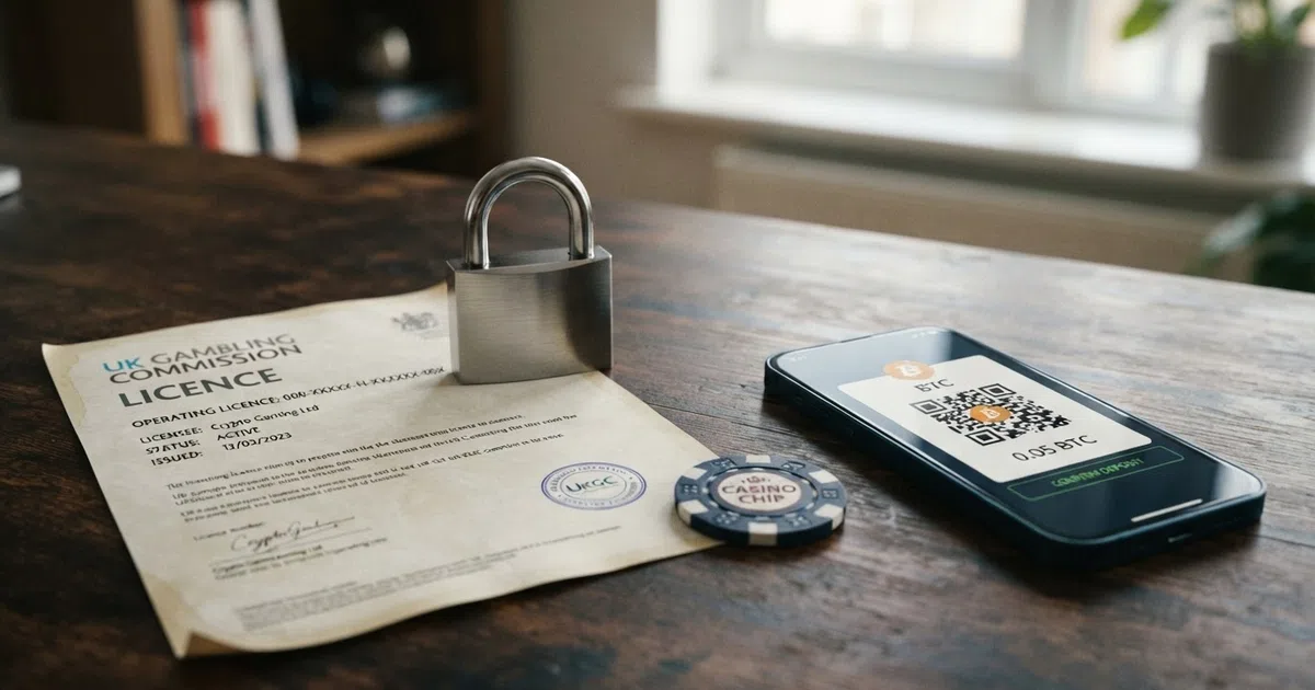 A split-screen visual showing a UKGC licence document on one side beside a padlock icon and a crypto wallet QR code on the other, with a question mark between them