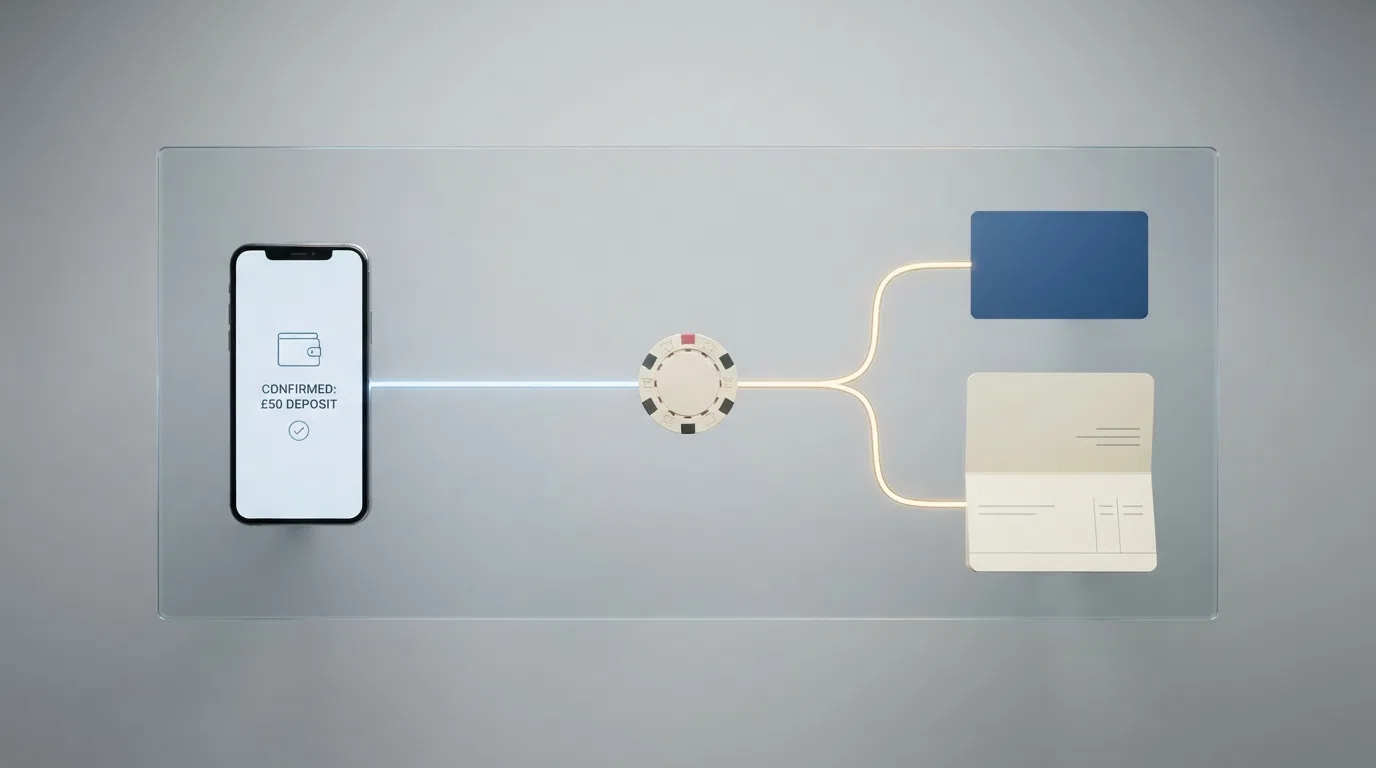 A simplified diagram showing the Apple Pay deposit arrow pointing into a casino account and a separate withdrawal arrow pointing from the casino to a bank account — the two paths are different
