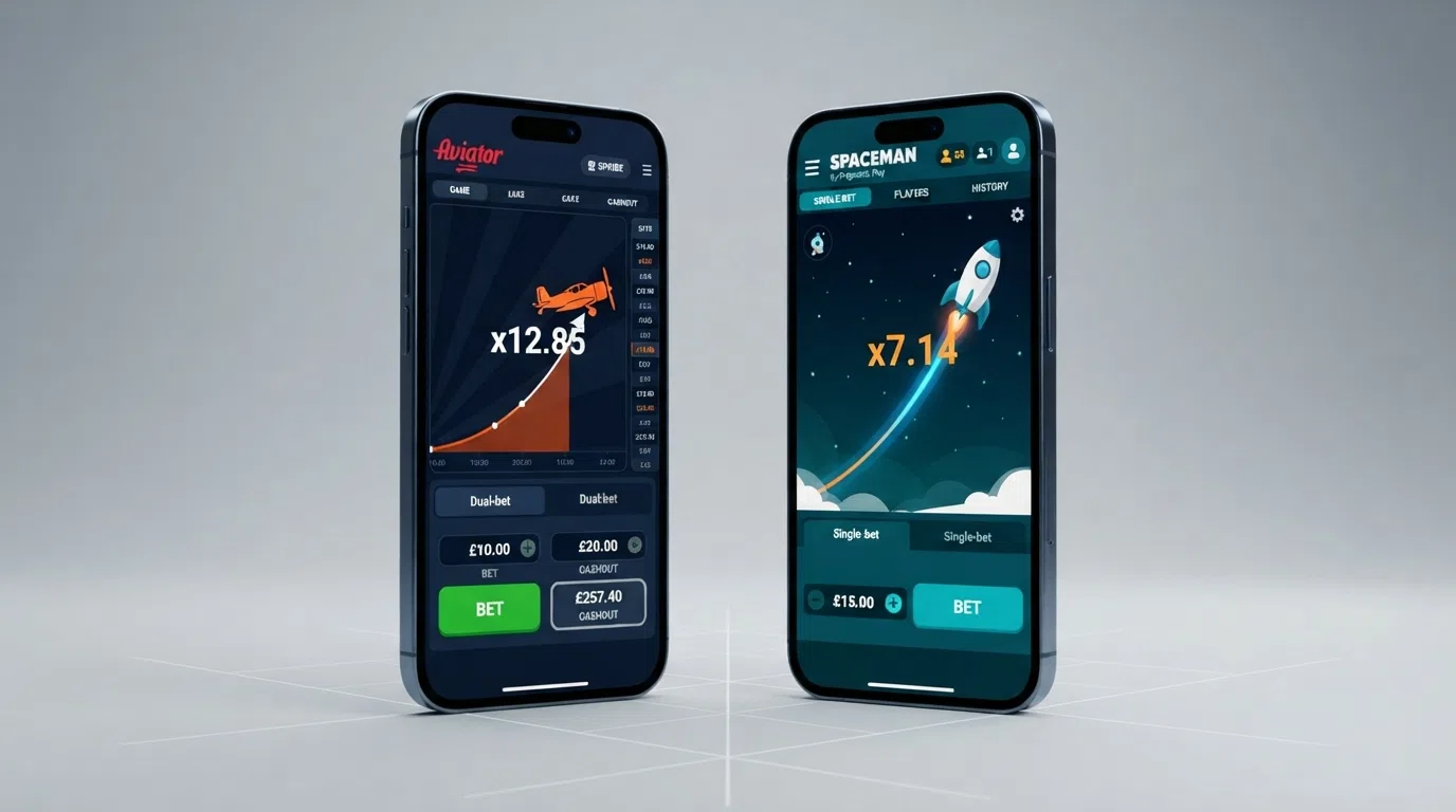 A side-by-side visual of the Aviator and Spaceman game interfaces, highlighting the dual-bet panel in Aviator and the single-bet layout in Spaceman