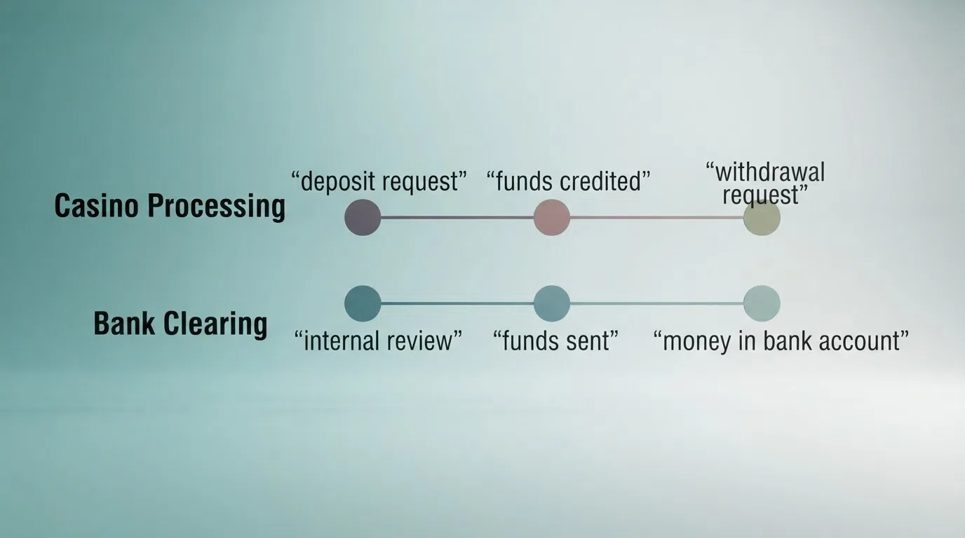 A simple visual timeline split into two lanes: the upper lane labelled “Casino Processing” and the lower lane labelled “Bank Clearing,” with labelled markers for deposit request, funds credited, withdrawal request, internal review, funds sent, and money in bank account.