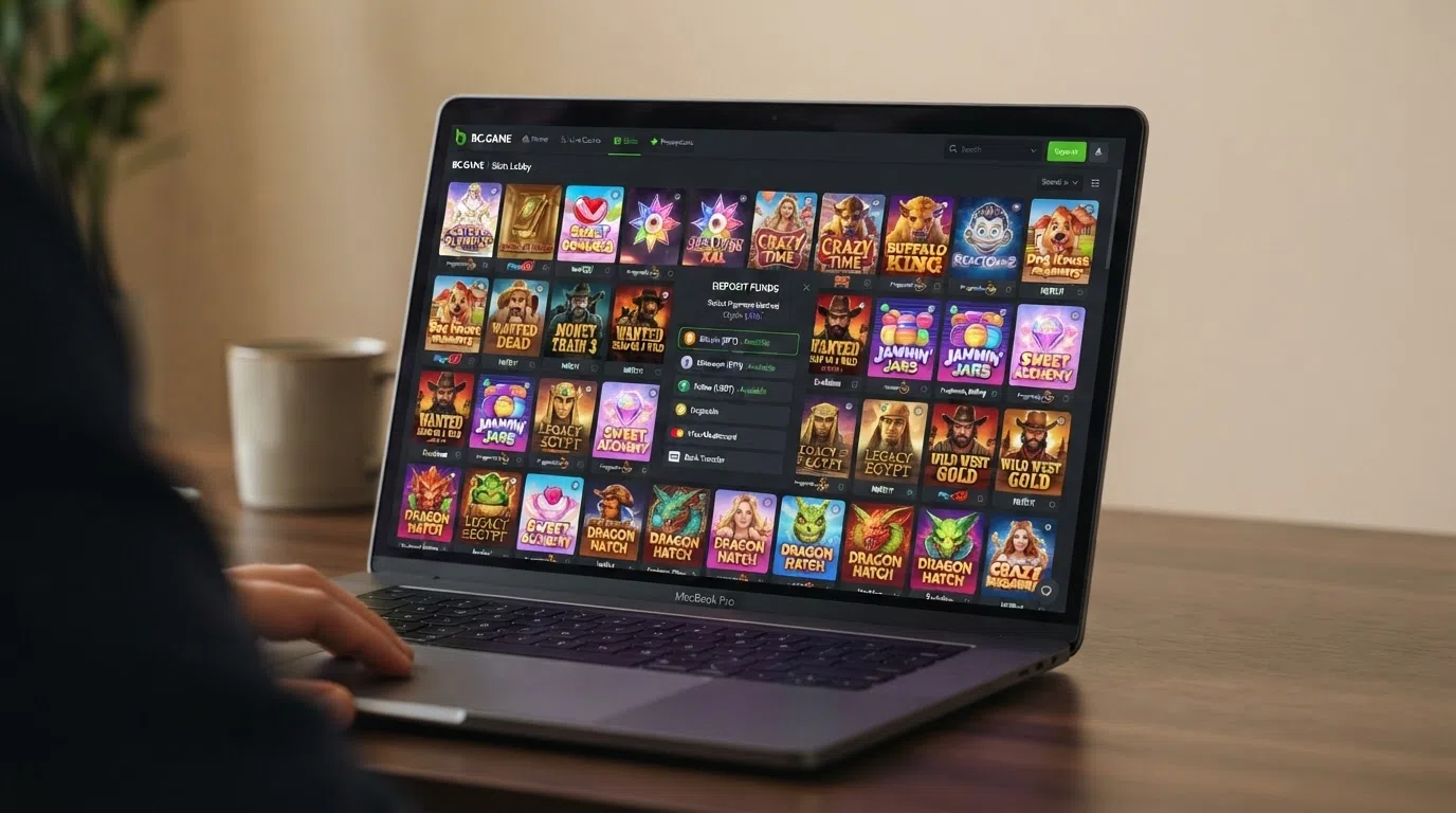 A grid of slot game thumbnails with a BCH deposit prompt overlaid, showing the coin as a banking option alongside Visa and BTC