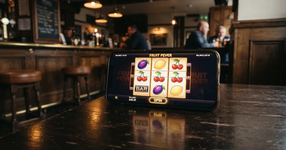 A close-up of a classic 3-reel online slot grid showing fruit symbols — cherries, lemons and a bar symbol — on a glowing screen with the spin button visible