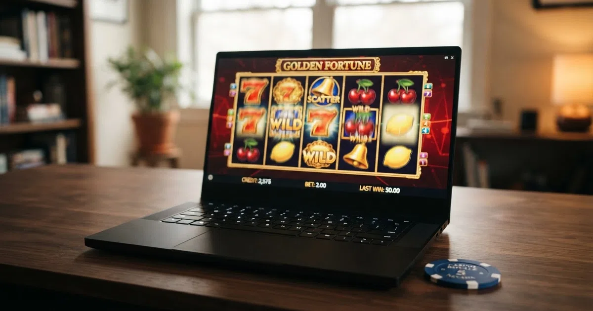A grid of colourful 5-reel slot symbols — wilds, scatters, fruit icons and a gold seven — arranged across five reels on a dark casino-style background
