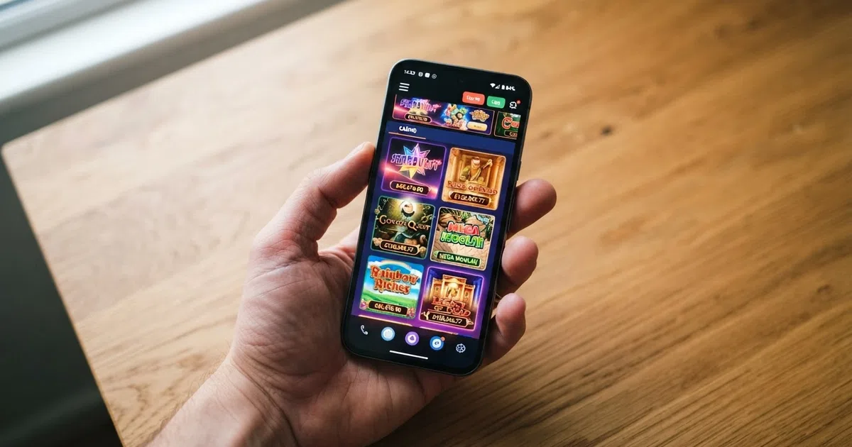 A UK Android phone held in one hand showing a casino lobby of slot thumbnails