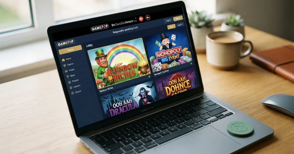 A grid of Barcrest slot title cards including Rainbow Riches, Monopoly Big Event and Ooh Aah Dracula, displayed inside a UK-licensed casino game lobby with a responsible-gambling tools bar visible at the top of the screen