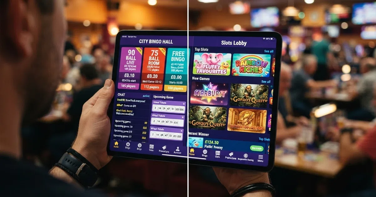 A split-screen view: on the left, a brightly lit UK bingo lobby with 90-ball and 75-ball room tiles, a chat panel and a countdown to the next game; on the right, the same site's slot lobby showing recognisable Eyecon and Pragmatic Play titles including Fluffy Favourites