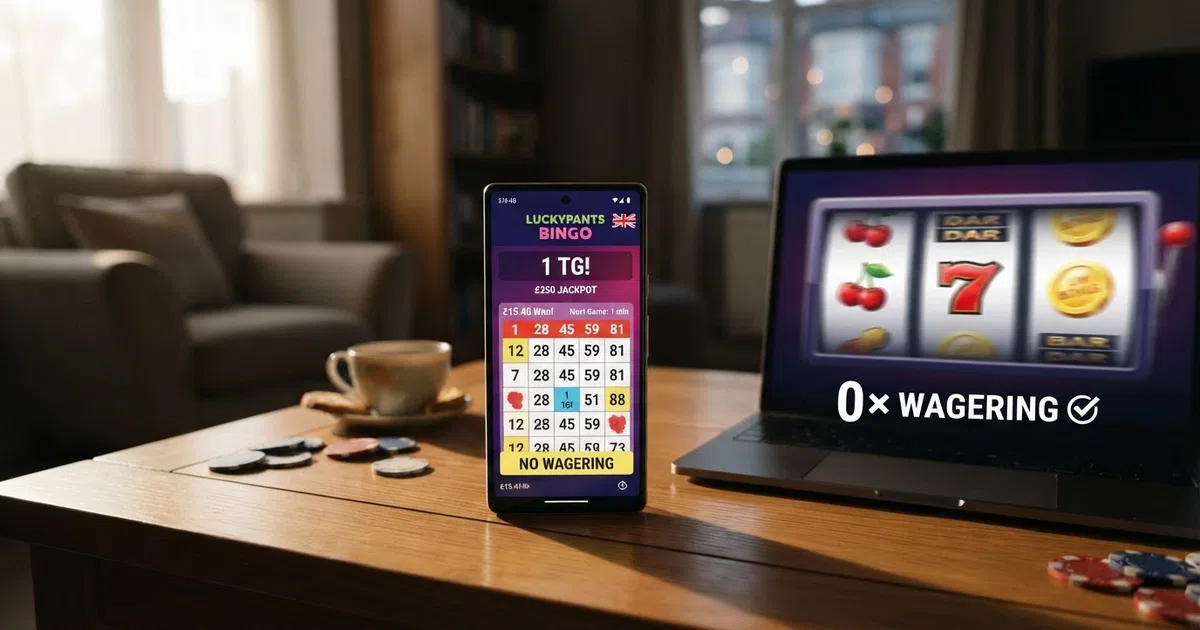 A split-screen composition: on the left, a glowing bingo card with numbered balls over a smartphone; on the right, a slot reel showing free-spin symbols, with a "0× Wagering" badge across the centre.