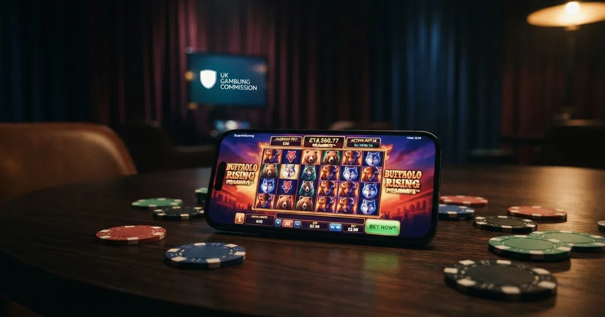 A grid of Blueprint Gaming slot title cards — Fishin' Frenzy, Buffalo Rising Megaways and Diamond Mine Megaways — arranged against a dark casino-lobby background with the Blueprint Gaming studio logo