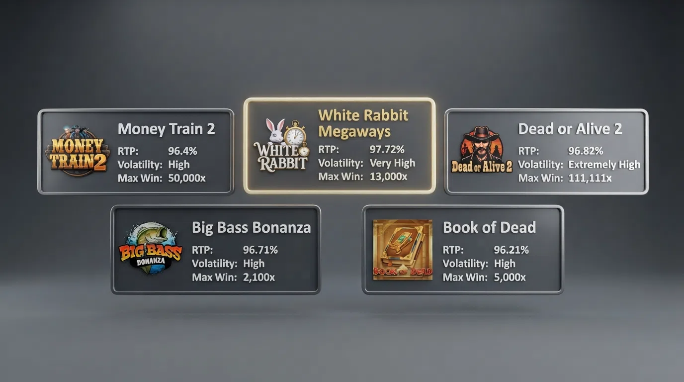 five slot title cards arranged in a visual grid, each showing its RTP percentage, volatility label and max-win figure, with the highest-RTP title highlighted