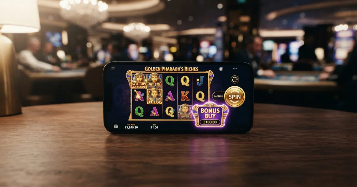 A slot machine interface showing the bonus buy button beside the standard spin button, with a cost multiplier displayed in the game's currency