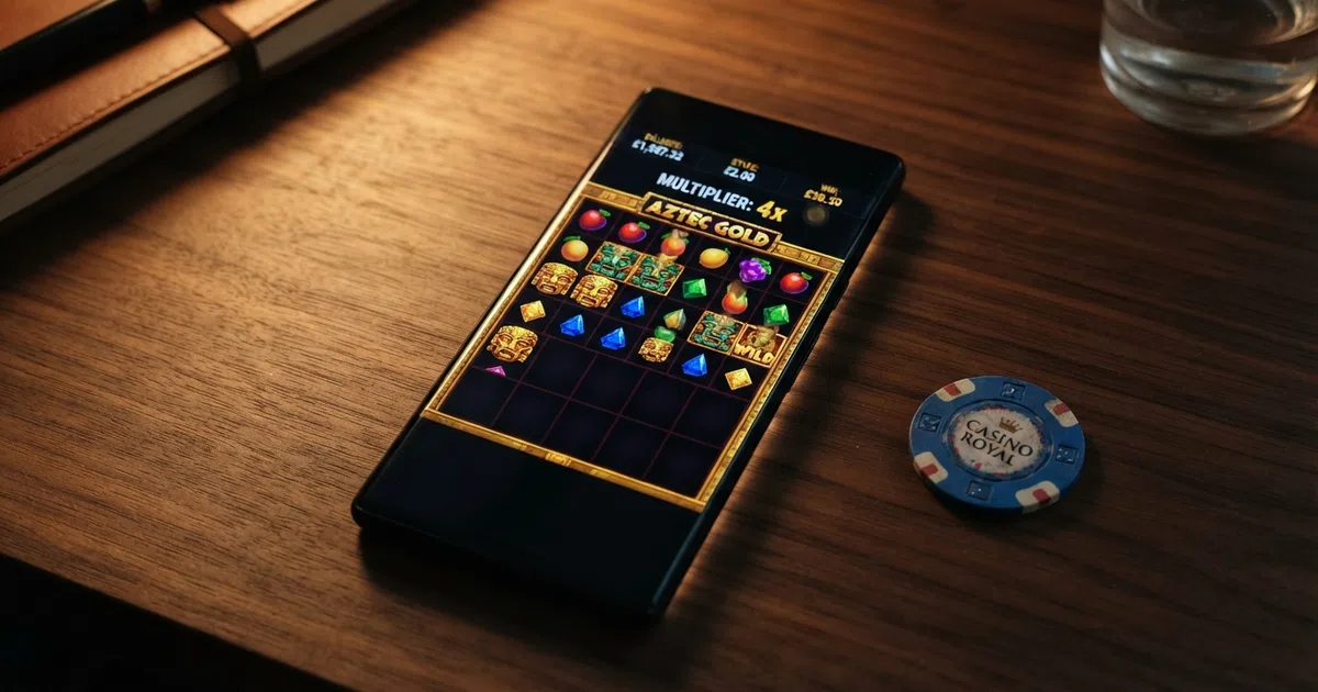 A colourful online slot game grid showing cascading symbols falling into place with a chain-reaction win in progress and a multiplier counter rising