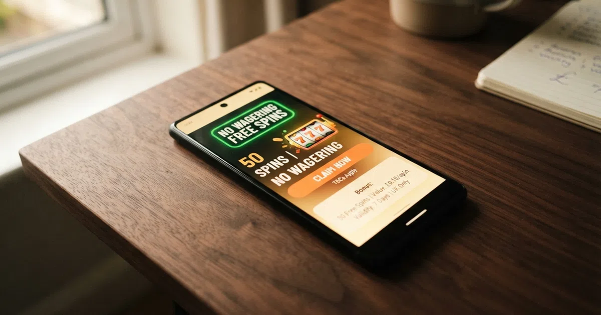 A smartphone screen displaying a UK online casino sign-up offer with a prominent no-wagering free-spins badge, a “Claim” button, and the key bonus terms listed beneath in a summary panel