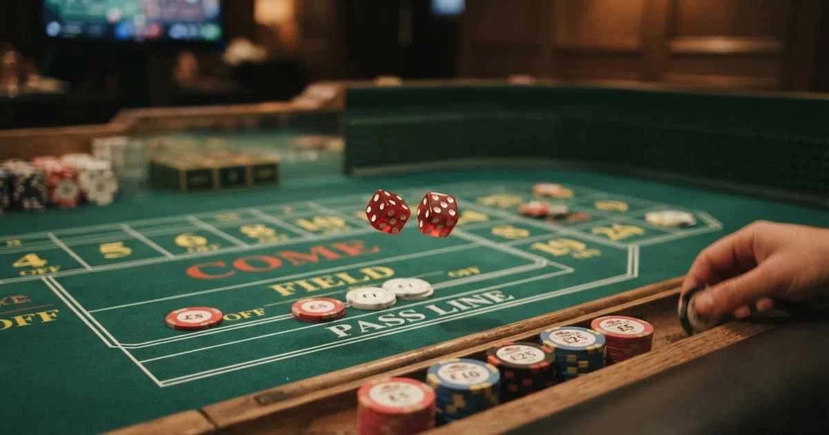A green baize online craps table layout with Pass Line and Come betting areas visible, digital chips stacked on the rail, and a pair of dice mid-roll across the felt