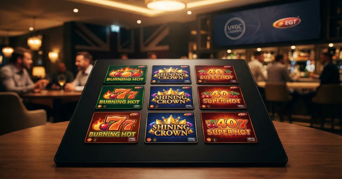 A grid of EGT slot game tiles — Burning Hot, Shining Crown and 40 Super Hot — overlaid on a dark casino-lobby background with a subtle Union Jack accent