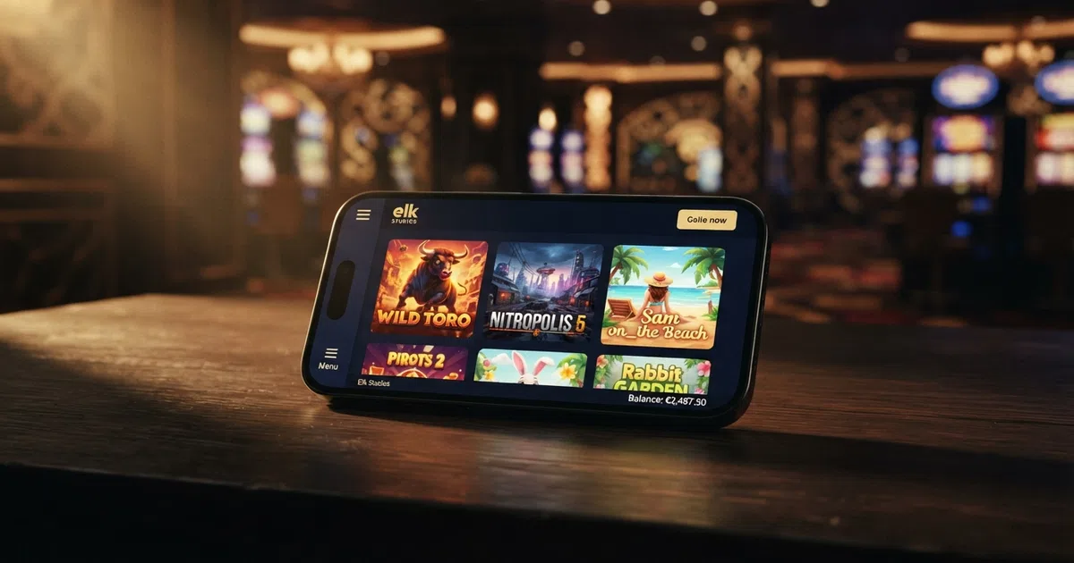 A casino lobby screen showing a grid of colourful Elk Studios slot titles