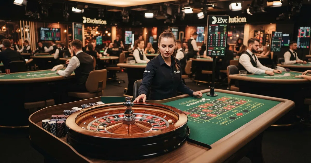A wide shot of an Evolution Gaming live-dealer studio floor with multiple roulette and blackjack tables under professional lighting, dealers at their stations and monitors displaying game data