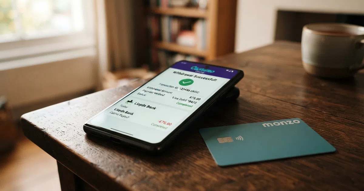 A smartphone showing a casino cashier screen and a bank app with a completed withdrawal, next to a debit card.