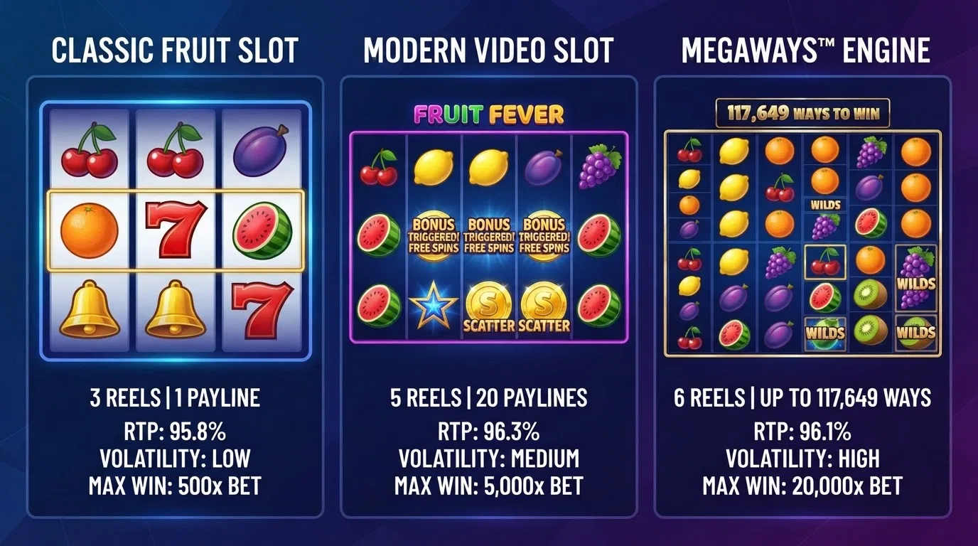 A split-screen comparison of three fruit-slot reels in play — a classic 3-reel layout on the left, a 5-reel themed slot in the centre showing scatter symbols landing, and a Megaways engine with cascading fruit symbols on the right