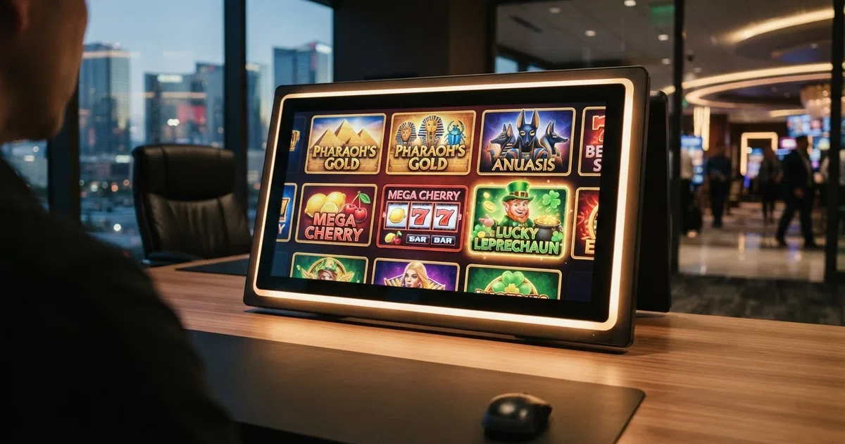 A casino lobby screen showing a grid of Greentube slot title cards with Book of Ra Deluxe, Sizzling Hot Deluxe and Lucky Lady's Charm Deluxe prominent in the selection