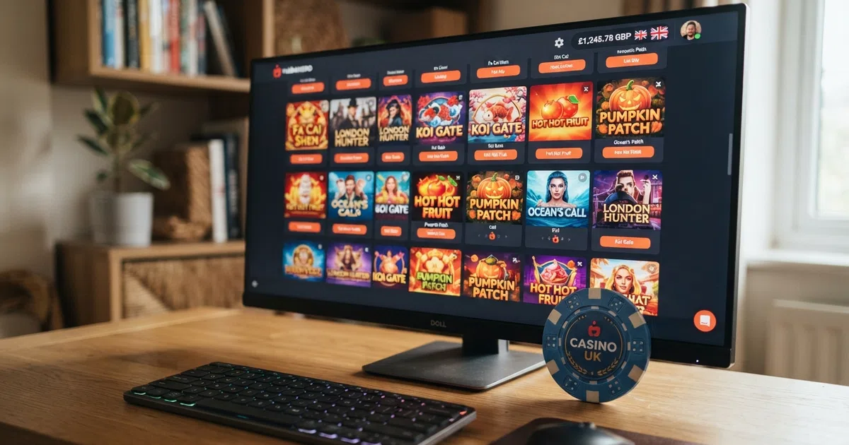 Habanero casino game lobby showing a grid of slot-title thumbnails on a desktop browser with GBP currency displayed