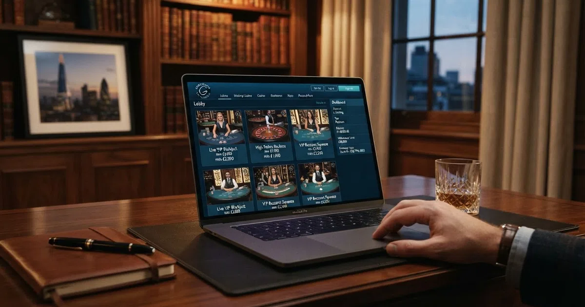 A UK-licensed online casino lobby displayed on a desktop screen, showing high-stakes live dealer tables and a VIP account dashboard with elevated limits