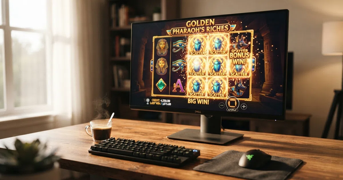 A row of high-volatility slot reels mid-spin on a desktop screen, bonus symbols landing across the grid