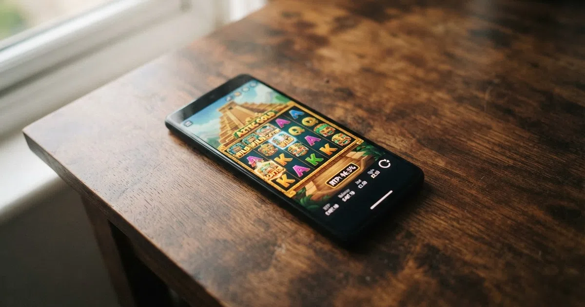 A close-up of an online slot reel grid on a mobile phone screen, with the RTP percentage visible in the game's information panel, shot in natural light against a neutral background