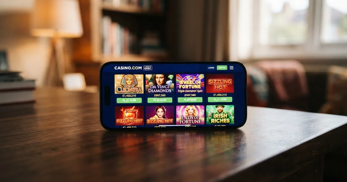 A browser window showing a UKGC-licensed online casino lobby with IGT slot thumbnails visible in the game grid, including Cleopatra and Da Vinci Diamonds tiles