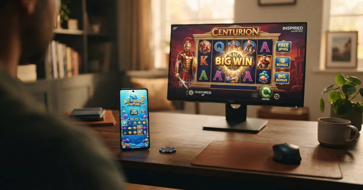 A grid of Inspired Gaming slot reels — Centurion, Big Fishing Fortune and Gold Cash Free Spins — on a desktop monitor alongside a smartphone showing the same game